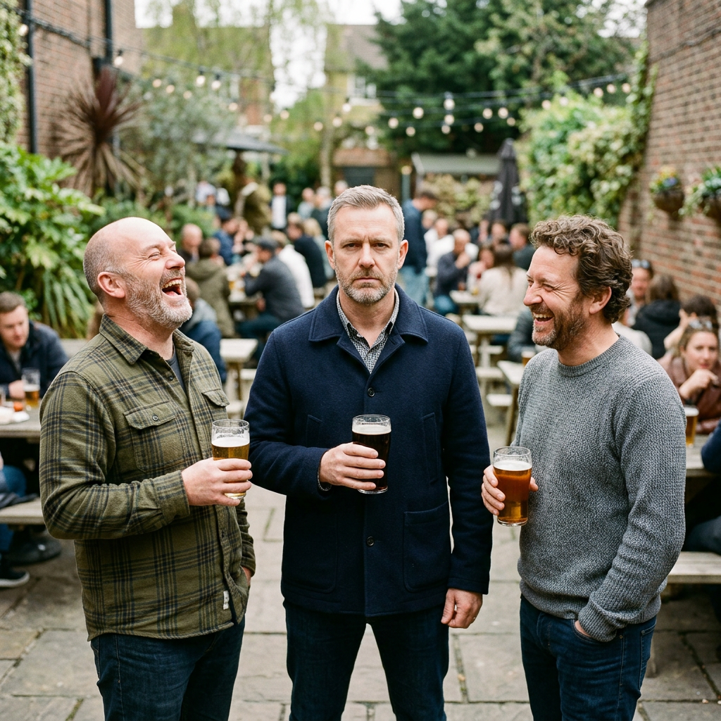 Three men holding beers at an outdoor pub with two laughing and one serious