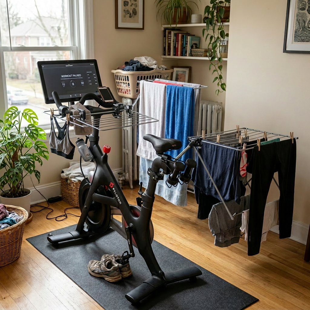 Peloton stationary bike paused on workout with drying rack holding clothes and towels nearby