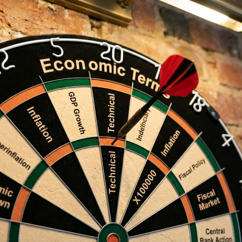 Dartboard with various economic terms labeled on its sections, mounted on a brick wall
