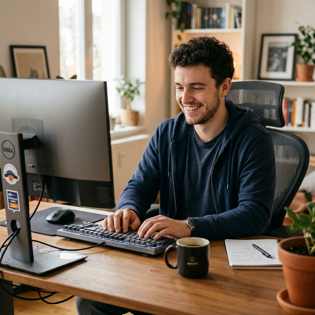 Young man typing on keyboard at home office desk with computer and coffee mug