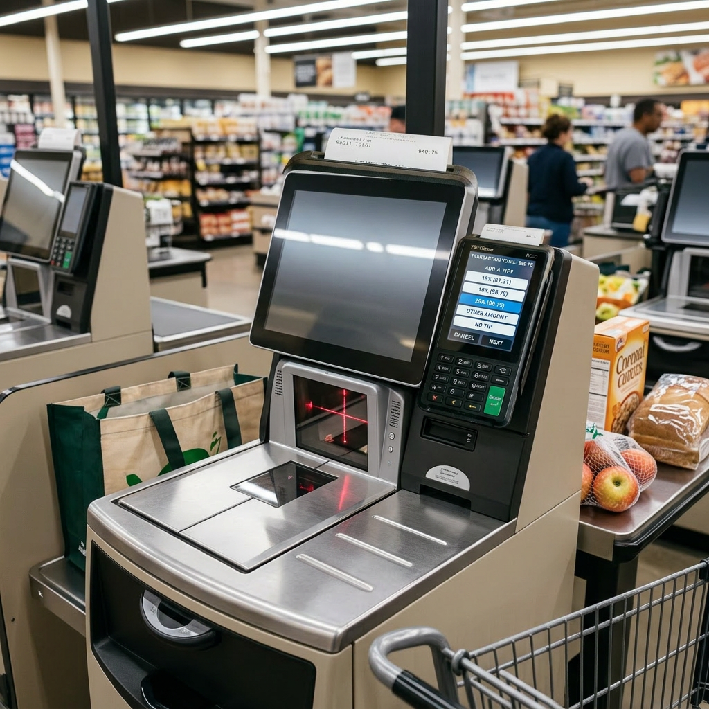 Payment terminal showing tip options of 15%, 18%, 20%, other amount, or no tip on a $48.75 transaction