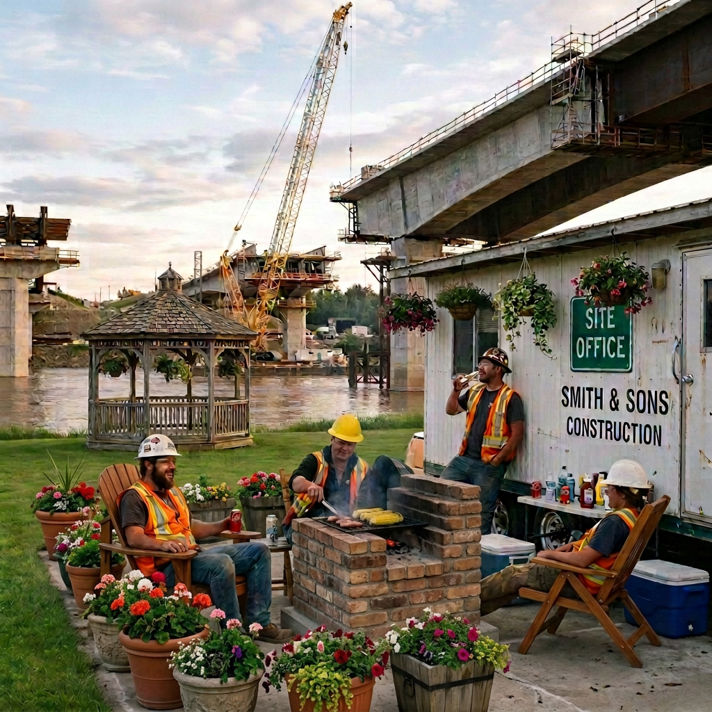 Construction Crew Install Nice Homey Lawn and Patio at Closed Bridge Work Site