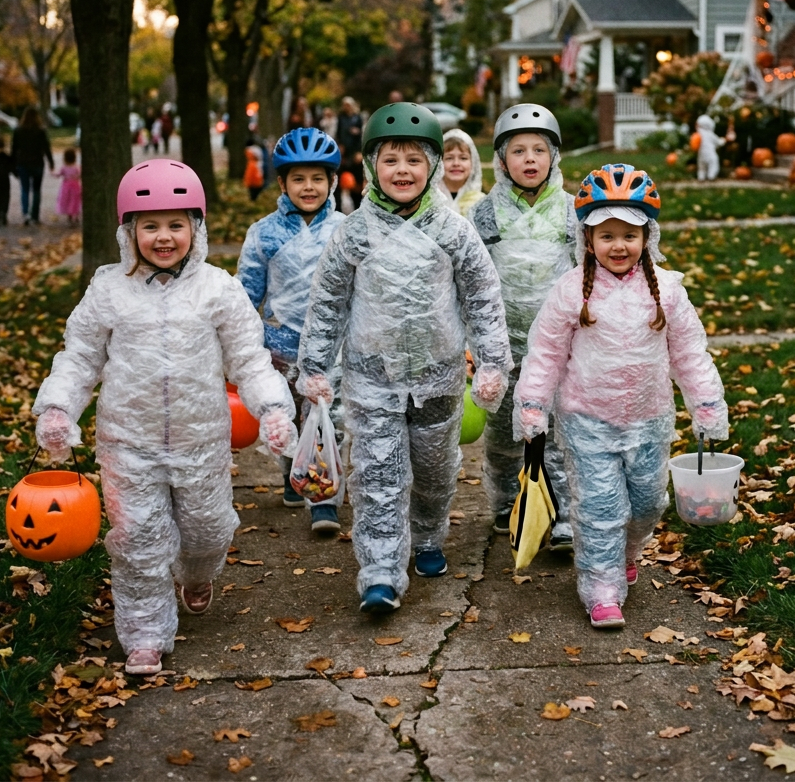 Five children in rain ponchos trick-or-treating with candy buckets