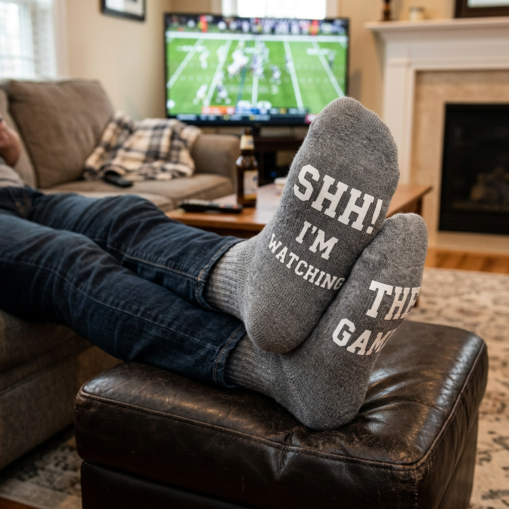Feet in socks reading “SHH! I’M WATCHING THE GAME” while watching football